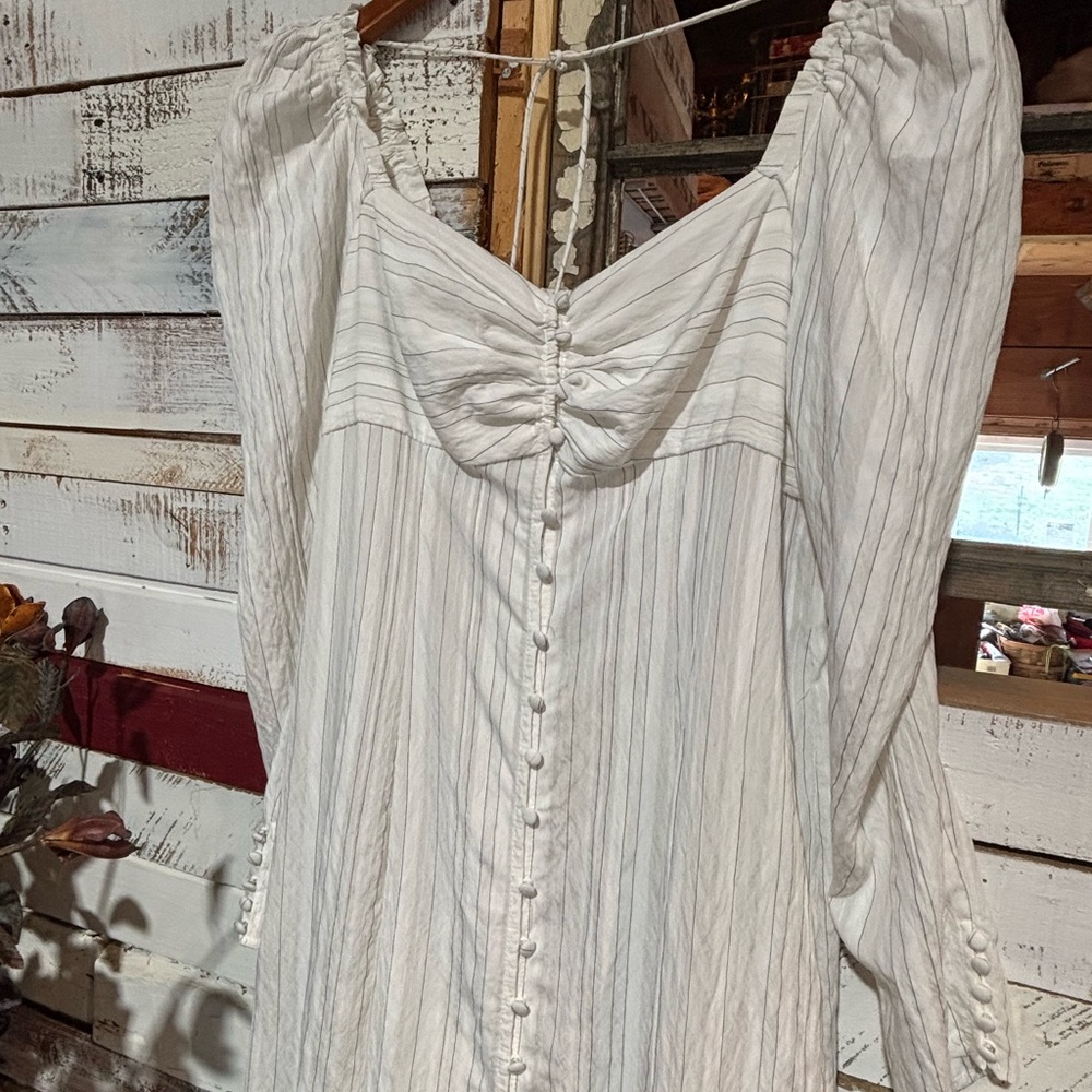 Free People Ivory Striped Long Sleeve Button Front Midi Dress - Picture 6 of 7